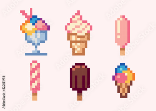 Ice cream pixel art set. Frozen candy collection. Gelato, sorbet, sundae. 8 bit sprite. Game development, mobile app.  Isolated vector illustration.