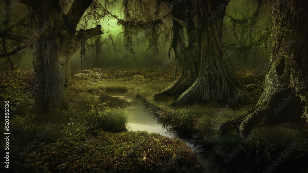 Mystischer Wald mit großen alten Bäumen mit undurchsichtigen Hintergrund - obrazy, fototapety, plakaty 