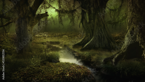 Mystischer Wald mit großen alten Bäumen mit undurchsichtigen Hintergrund