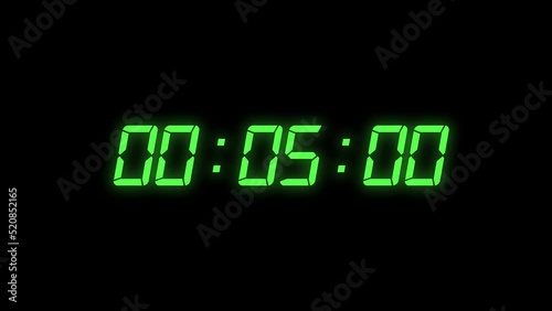 countdown 5 minutes with digital clock time | Green color clock timer for minutes 

