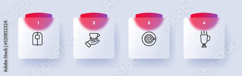 Coffee and tea set icon. Beverage, cafe, eating out, cup, mug, tea bag, hand, glass, hot, steam, heart, drawing on coffee Drink concept. Glassmorphism. Vector line icon for Business and Advertising