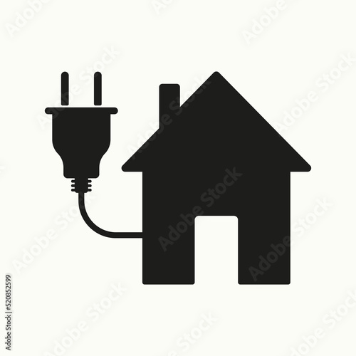 Home with electrical plug. Vector illustration. Power supply, wiring, wire, electrical appliance, charge device, socket, battery, accumulator. Technology concept. Vector line icon for Advertising