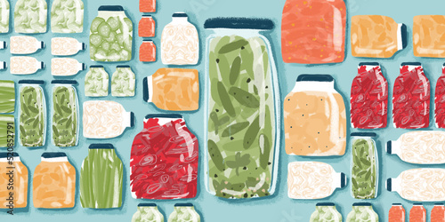 Pickled Vegetables and Fruit Jams in the Glass Jars. Autumn Harvest