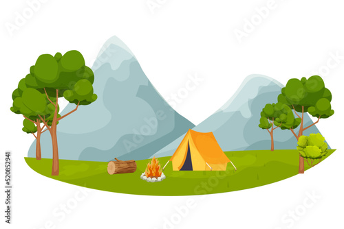Camping with forest, mountain, tent and fire, landscape in cartoon style, sticker, emblem isolated on white background. 