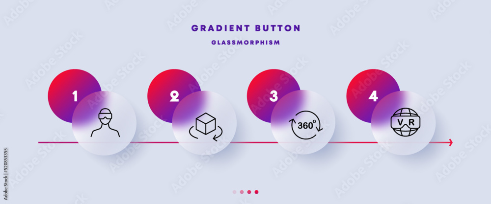 Virtual reality set icon. VR glasses, gamer, cube, circular arrows, view, viewing angle, planet, internet, online, network, gaming space. Metaverse concept. Glassmorphism style. Vector line icon