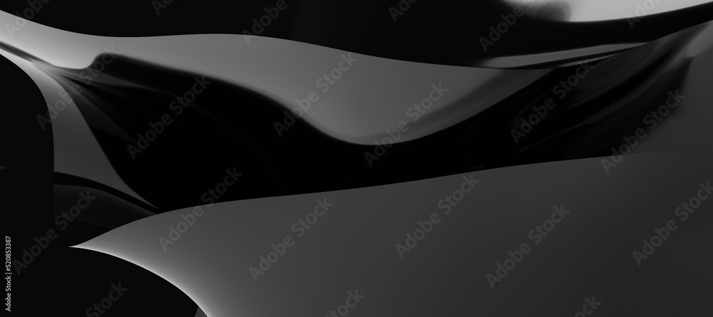 Fototapeta premium Black fabric satin silk background, Elegant luxurious cloth backdrop. 3d illustration.