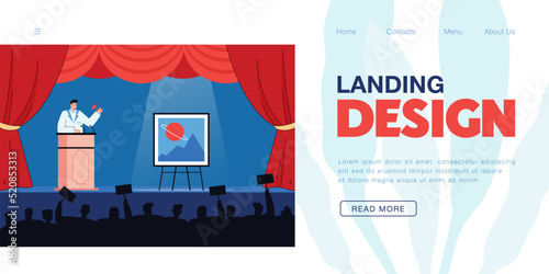 Man with gavel selling valuable painting in real time. Crowd of buyers bidding prices for picture from gallery flat vector illustration. Art auction concept for banner, website design or landing page