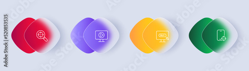 Targeting set icon. Magnifier, aim, computer, buy online, play button, phone, target audience, targetologist, plan, planning. Business concept. Glassmorphism style. Vector line icon for Advertising