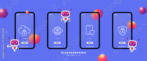 Personal data protection set icon. Cloud storage safety, eye, phone, shield, lock, security, custody, hacking, antivirus, user. Privacy concept. Glassmorphism. UI phone app screens. Vector line icon