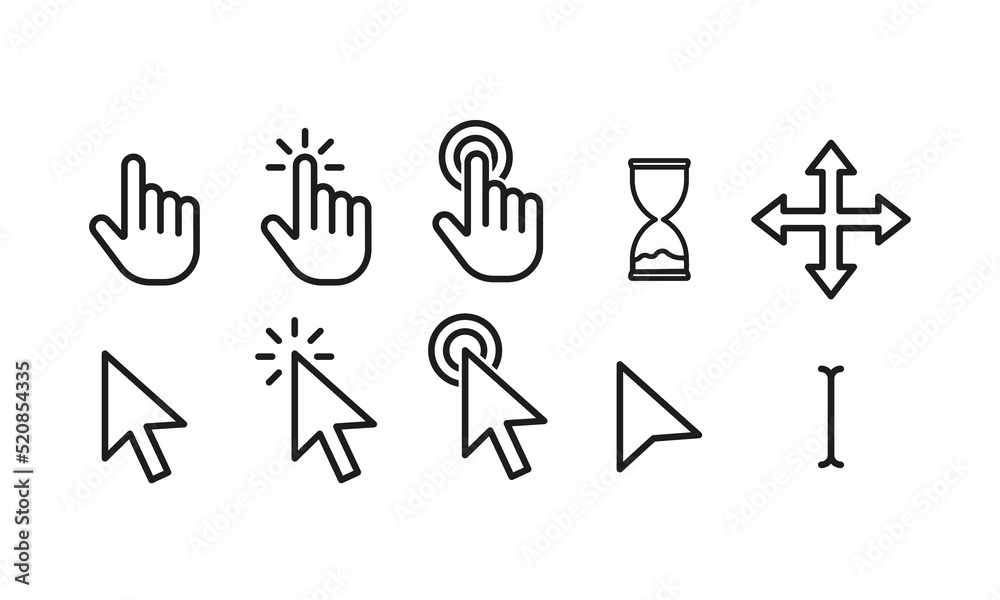 Different types of cursors set icon. Hand, press, button, hourglass