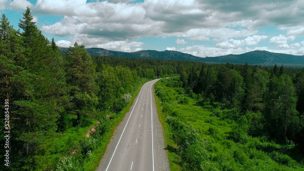 Obraz premium Aerial view of road across the forest on blue cloudy sky background. Scene. Straight long road bending along green trees and bushes.