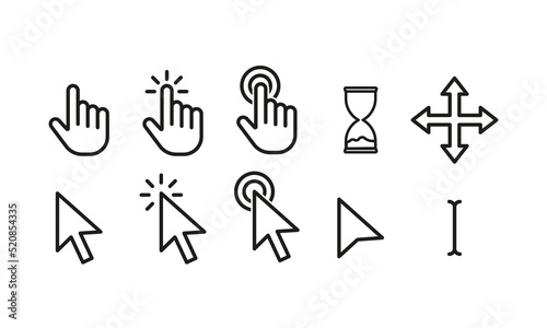 Different types of cursors set icon. Hand, press, button, hourglass, loading, arrow, zoom in, text selection, moving, waiting, busy, working. Technology concept. Vector line icon for Advertising