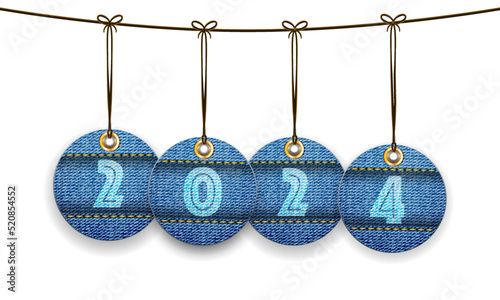 Stylish English calendar for 2024 on linen texture with jeans tags