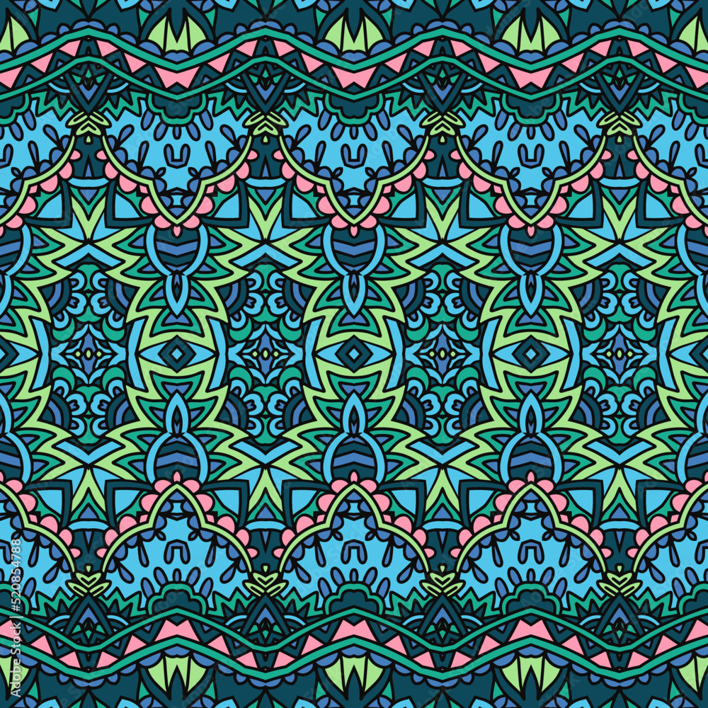 Blue green ornamental fabric patchwork vector seamless pattern wallpaper