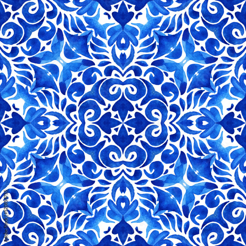 Abstract blue and white hand drawn tile seamless ornamental watercolor paint pattern.