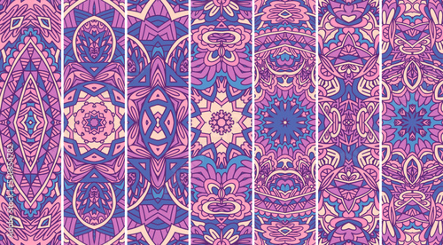 Festival Abstract Mandala pattern set with bright color psychedelic print design. Ethnic tribal geometric banner collection medallion