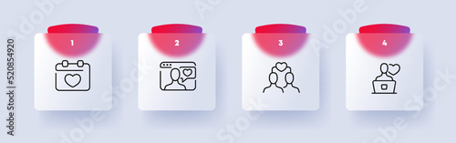 Online dating set icon. Hearts, calendar, distance, love, online, internet, feelings, personal data, date. Relationships concept. Glassmorphism. Vector line icon for Business and Advertising