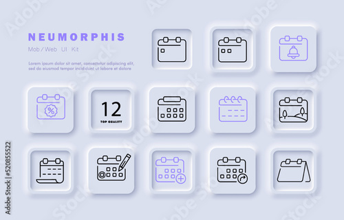 Calendars set icon. Schedule, appointment, planned event, notification, bell, birthday, pencil, digital, plus, add, arrow, share, blank. Planning concept. Neomorphism. Vector line icon for Business