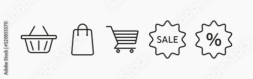 Shopping items set icon. Shopping cart, bag, package, discount sticker, label, buy, purchase, shop, store, customer, packet. Sale concept. Vector line icon for Business and Advertising