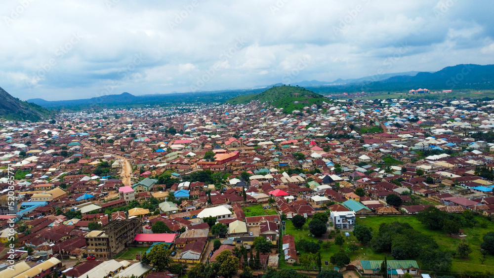 scenic aerial view of ancient mountain town in Nigeria