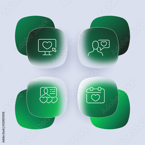 Dating website set icon. Computer, partner, meeting, personal information, date, calendar, heart. Long distance relationship concept. Glassmorphism style. Vector line icon for Business and Advertising