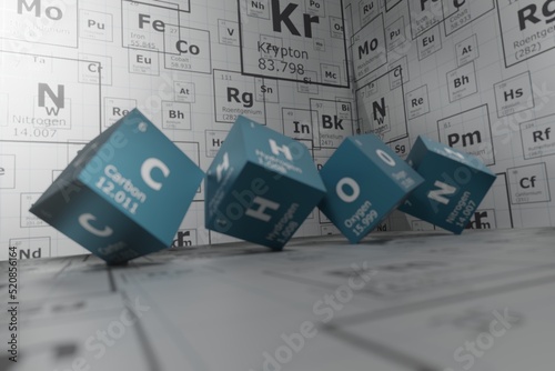 Background of 3d cubes of the elements of the periodic table, carbon, hydrogen, oxygen and nitrogen, background for education, science, technology and engineering