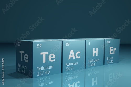 Background of 3d cubes of the elements of the periodic table, tellurium, actinium, hydrogen and erbium forming the word teacher. Science, technology and engineering