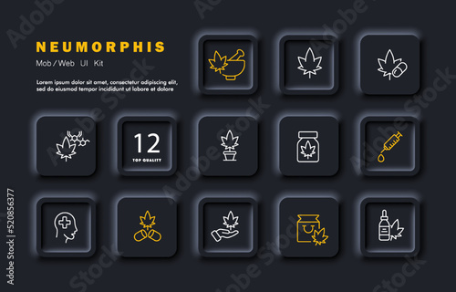 Medical marijuana set icon. Leaf, mortar, pestle, pills, chemistry, jar, injection syringe, cross, hand, package, drops, prescription, treat. Healthcare concept. Neomorphism style. Vector line icon