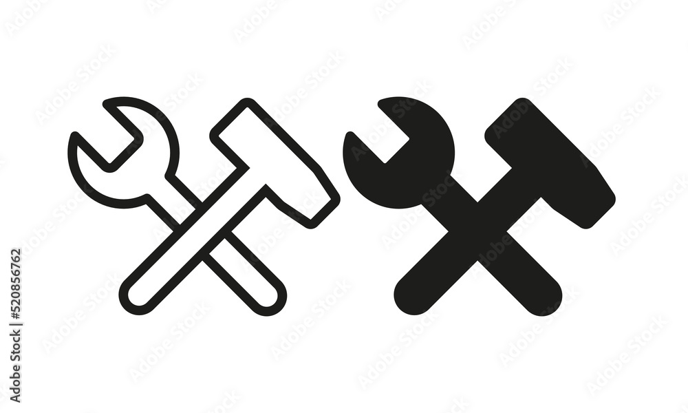 Hammer and wrench set icon. Tools, mend, fix, repair, build, construct, builder, technology, worker, service, engineer. Construction concept. Vector line icon for Business and Advertising Hammer and wrench set icon. Tools, mend, fix, repair, build, construct, builder, technology, worker, service, engineer. Construction concept. Vector line icon for Business and Advertising