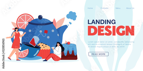 Poster of tiny women with huge teapot, cup and pastry. Girls drinking tea together, huge slice of lemon flat vector illustration. Tea party, cafe, winter concept for banner or landing web page