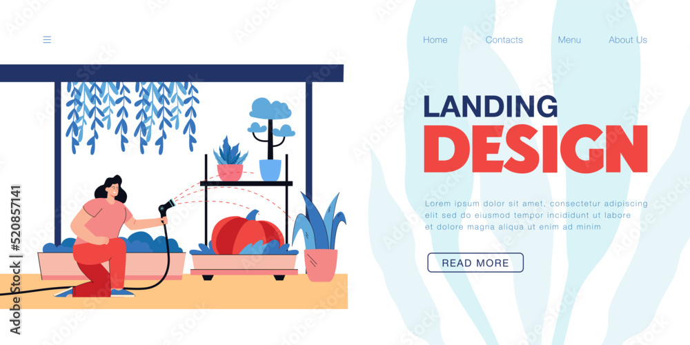 Gardener watering plants with greenhouse equipment. Woman growing flowers, greenery in farm garden of orangery with glass walls and window flat vector illustration. Conservatory, agriculture concept Gardener watering plants with greenhouse equipment. Woman growing flowers, greenery in farm garden of orangery with glass walls and window flat vector illustration. Conservatory, agriculture concept