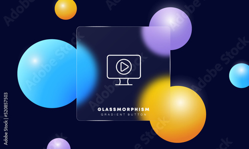 Computer monitor with play button line icon. Watch video, film, movie, series, entertainment, cinema, hobby, presentation. Technology concept. Glassmorphism style. Vector line icon for Advertising