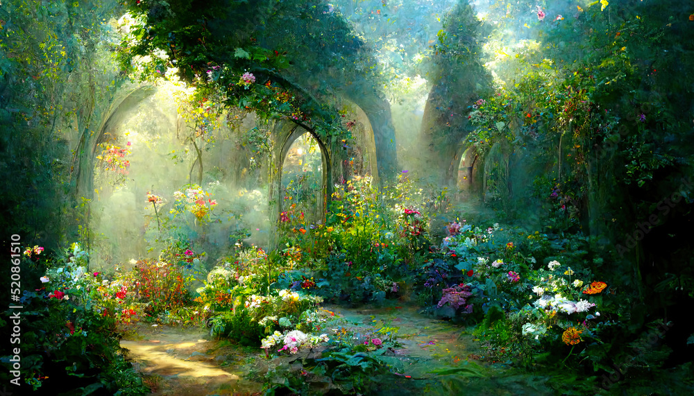 A beautiful secret fairytale garden with flower arches and colorful  greenery. Digital Painting Background, Illustration Stock Illustration |  Adobe Stock