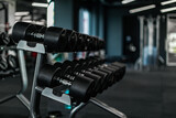 Sports equipment concept. Set of dumbbells placed on the rack in gym