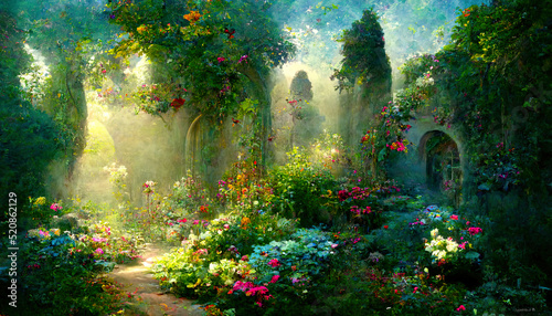 A beautiful secret fairytale garden with flower arches and colorful greenery. Digital Painting Background, Illustration photo