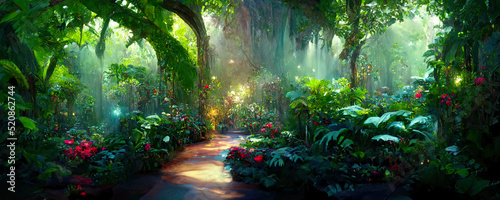 A beautiful enchanted forest with big fairytale trees and great vegetation. Digital Painting Background, Illustration