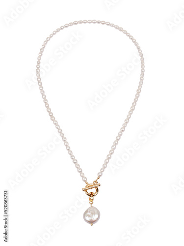 Luxury elegant golden baroque pearl necklace with pendant isolated on white background