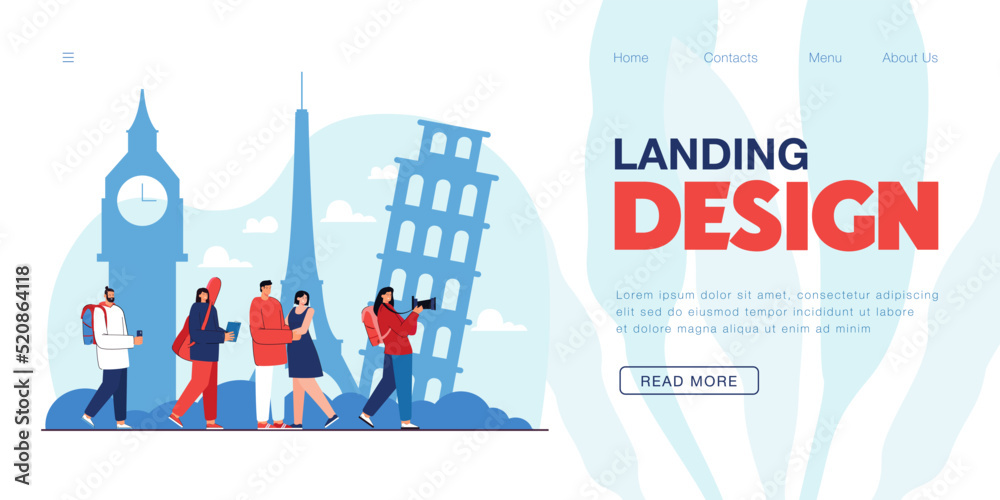 Group of happy people on tour around Europe. Photographers taking photos of famous sights in cities with cameras or phones flat vector illustration. Traveling, vacation, tourism concept for banner