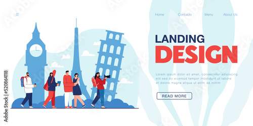 Group of happy people on tour around Europe. Photographers taking photos of famous sights in cities with cameras or phones flat vector illustration. Traveling, vacation, tourism concept for banner