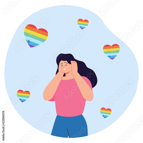 Rainbow hearts around confused cartoon woman. Scared female character closing ears or touching head flat vector illustration. Peace, sexuality, fear concept for banner, website design or landing page