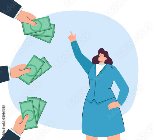 Successful woman choosing best business or career offer. Hands of people holding money for professional worker flat vector illustration. Success, finances, qualification concept for banner