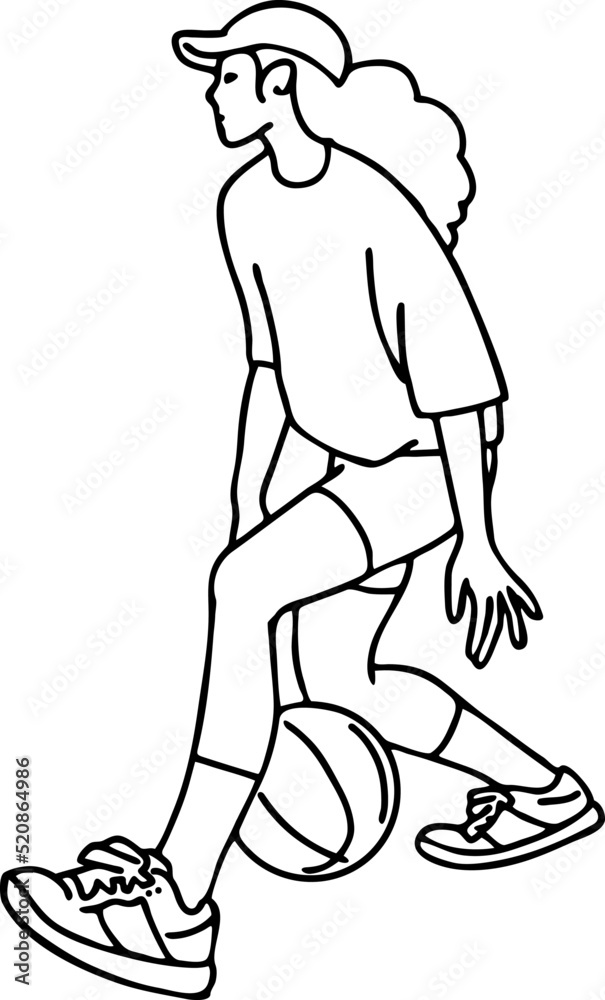 Basketball player playing with ball. Healthy funny sport activity. Trendy jumping fitness exercises for young people. Fashion sportswear. Hand drawn vector illustration. Cartoon line character drawing