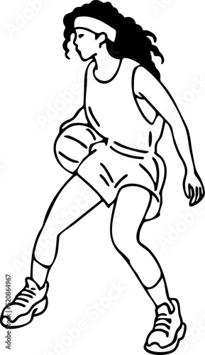 Fototapeta Naklejka Na Ścianę i Meble -  Basketball player playing with ball. Healthy funny sport activity. Trendy jumping fitness exercises for young people. Fashion sportswear. Hand drawn vector illustration. Cartoon line character drawing