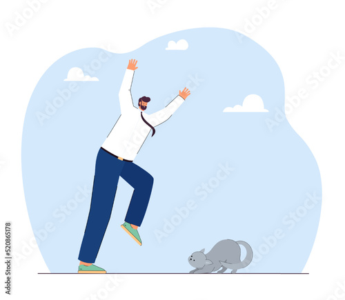 Funny businessman greeting scared stray cat. Man adopting or playing with kitten flat vector illustration. Animal care, pets, adoption concept for banner, website design or landing web page