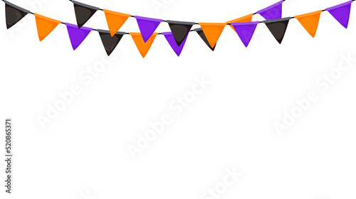 Halloween bunting. Black, orange and purple repeating flag garland. Triangle pennants chain pattern. Party bunting decoration. Celebration flags for decor. Vector banner background 