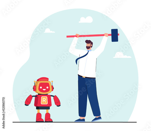 Angry office worker breaking cute robot with big hammer. Man becoming unemployed due to machine flat vector illustration. Technology, modern robots, automation, unemployment concept for banner