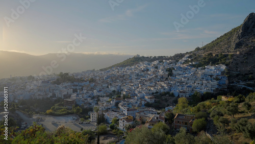 Bird's-eye view.Action. A beautiful landscape and a view of the city with small houses which is located on the mountains with green trees against the blue sky. © Media Whale Stock