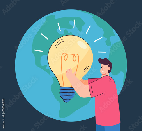 Man holding lightbulb in background on planet. Person taking care of earth flat vector illustration. Ecology, creative idea, conservation concept for banner, website design or landing web page