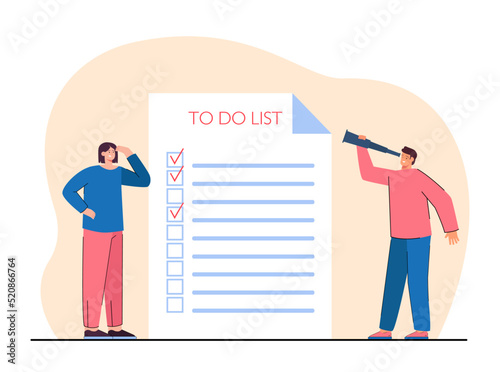 Male and female workers with to do list on huge sheet of paper. Cartoon people and checklist with tasks flat vector illustration. Time management, organization concept for banner or landing web page