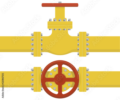 Oil, gas or water flowing through pipe. Pipeline construction with valve isolated. Industrial system. Vector illustration.